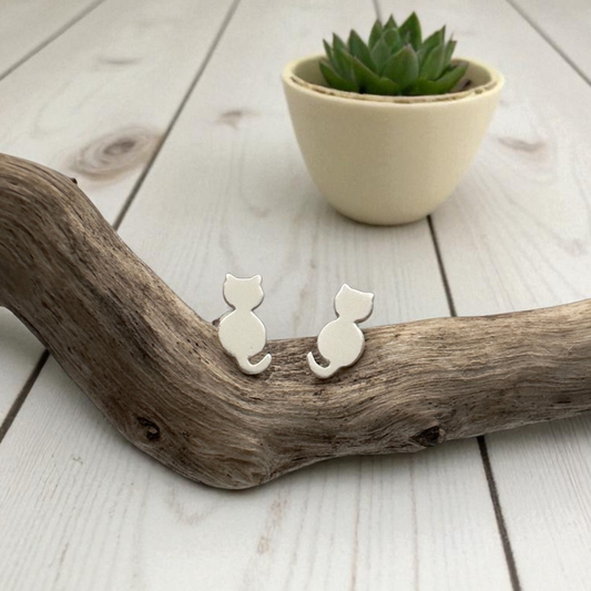 Sterling Silver Cat Silhouette Stud Earrings – Matte Finish