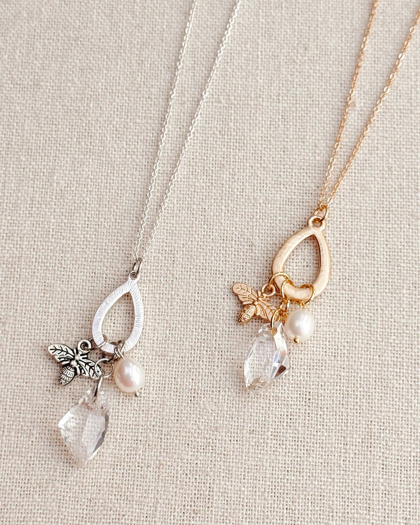 Gold Freshwater Pearl Swarovski Crystal Bee Charm Necklace