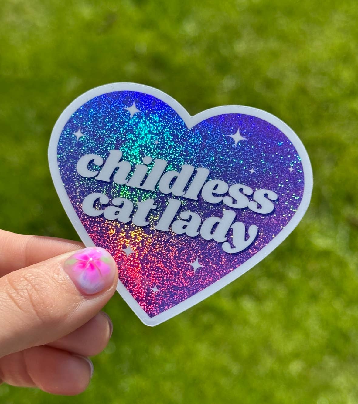 Childless Cat Lady Purple Glittery Heart Sticker