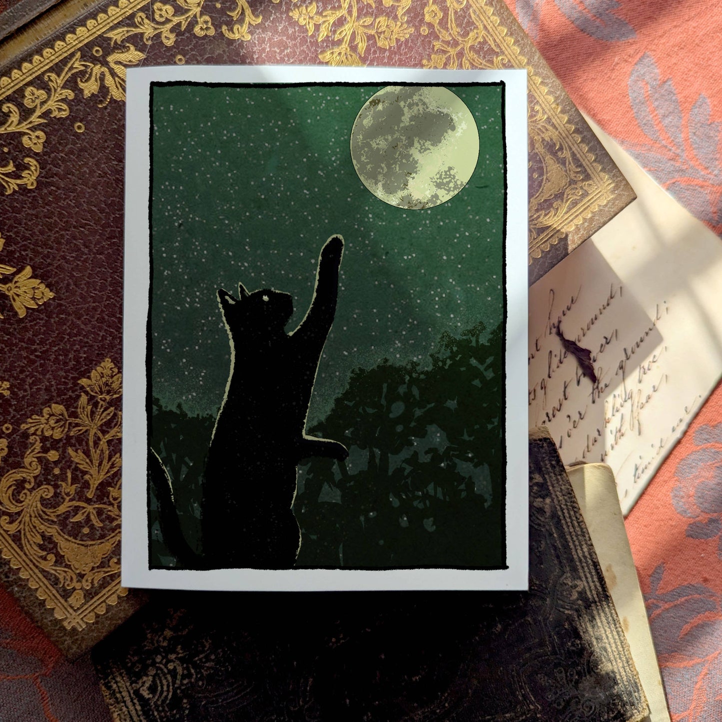 Catch the Moon - Curious Black Cat and Full Moon Notecard
