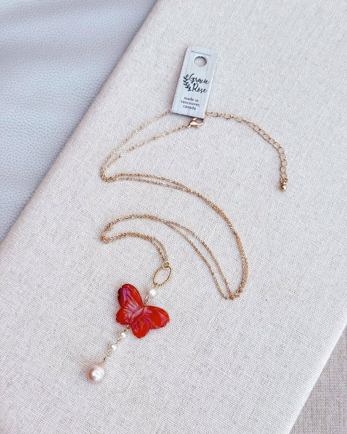 Carnelian Butterfly Charm Necklace with Freshwater Pearl