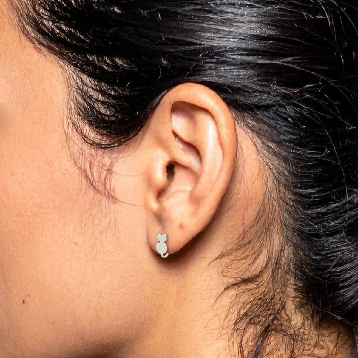 Sterling Silver Cat Silhouette Stud Earrings – Matte Finish