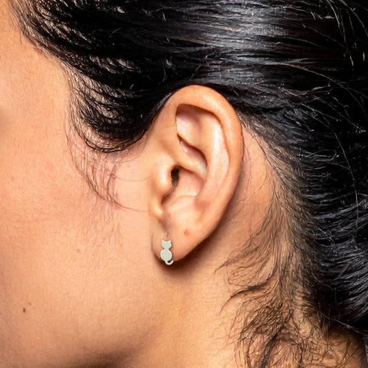 Sterling Silver Cat Silhouette Stud Earrings – Matte Finish