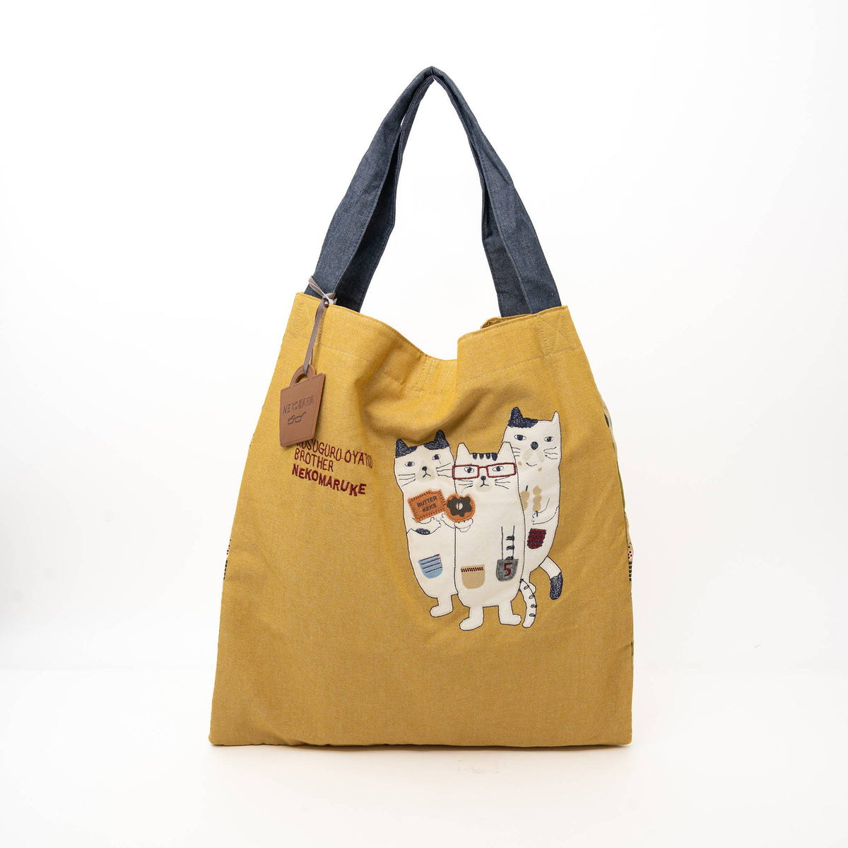 Kusuguru Japan Three Cats Embroidered Large Tote Bag - Yellow