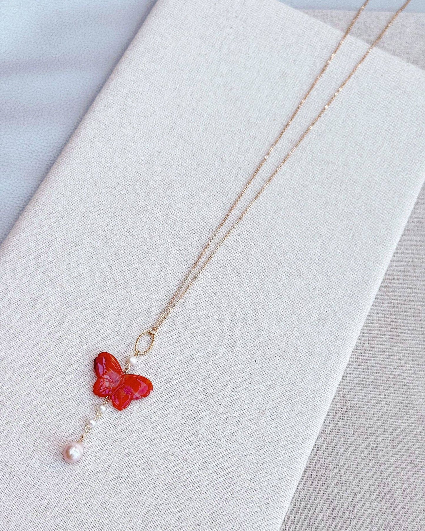 Carnelian Butterfly Charm Necklace with Freshwater Pearl