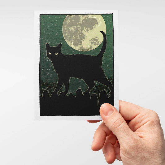 Midnight Stalker - Black Cat and Full Moon Notecard