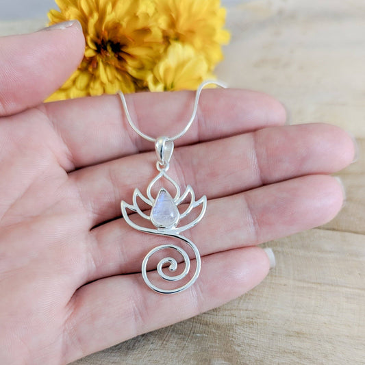 Strength in Bloom, Lotus & Moonstone Necklace in Sterling Silver