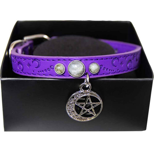 Vegan Leather Cat/Dog Collar-Cresc.Moon Pentacle-Small 9.5"L