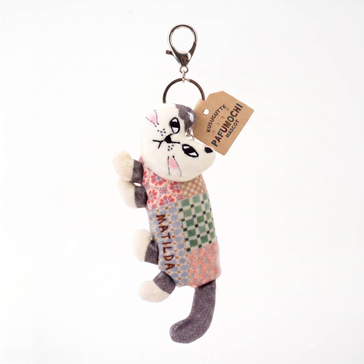 Kusuguru Japan Matilda Cat Plush Keychain & Bag Charm — Grey Patchwork