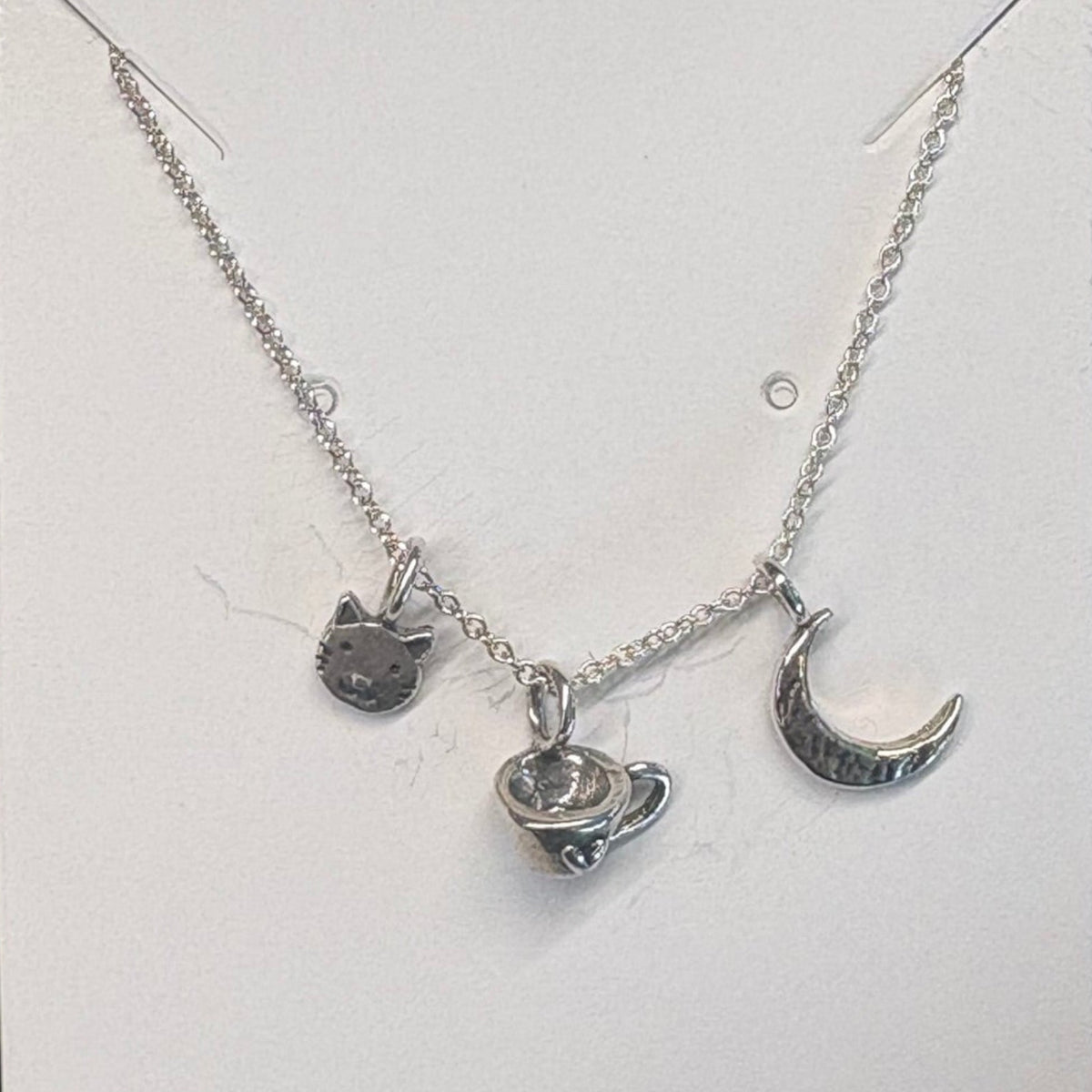 Marmalade Moon, Tea Cup & Cat Face Sterling Silver Necklace