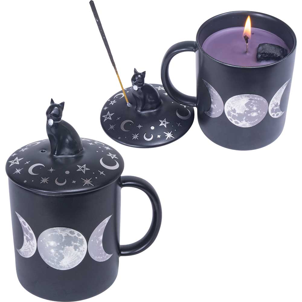 Moon Phases Ceramic Candle Mug with Incense Holder and Black Tourmaline 5.5"