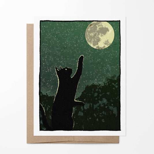 Catch the Moon - Curious Black Cat and Full Moon Notecard