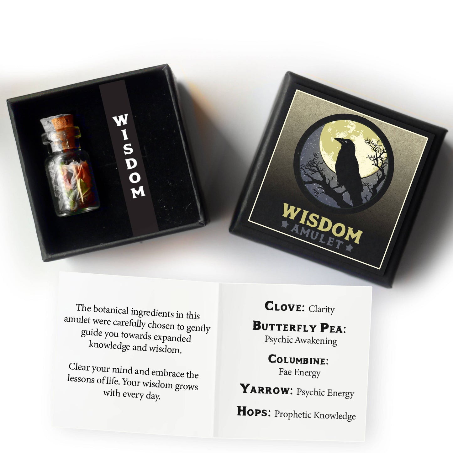 Wisdom Botanical Amulet - for Knowledge and Learning with Raven