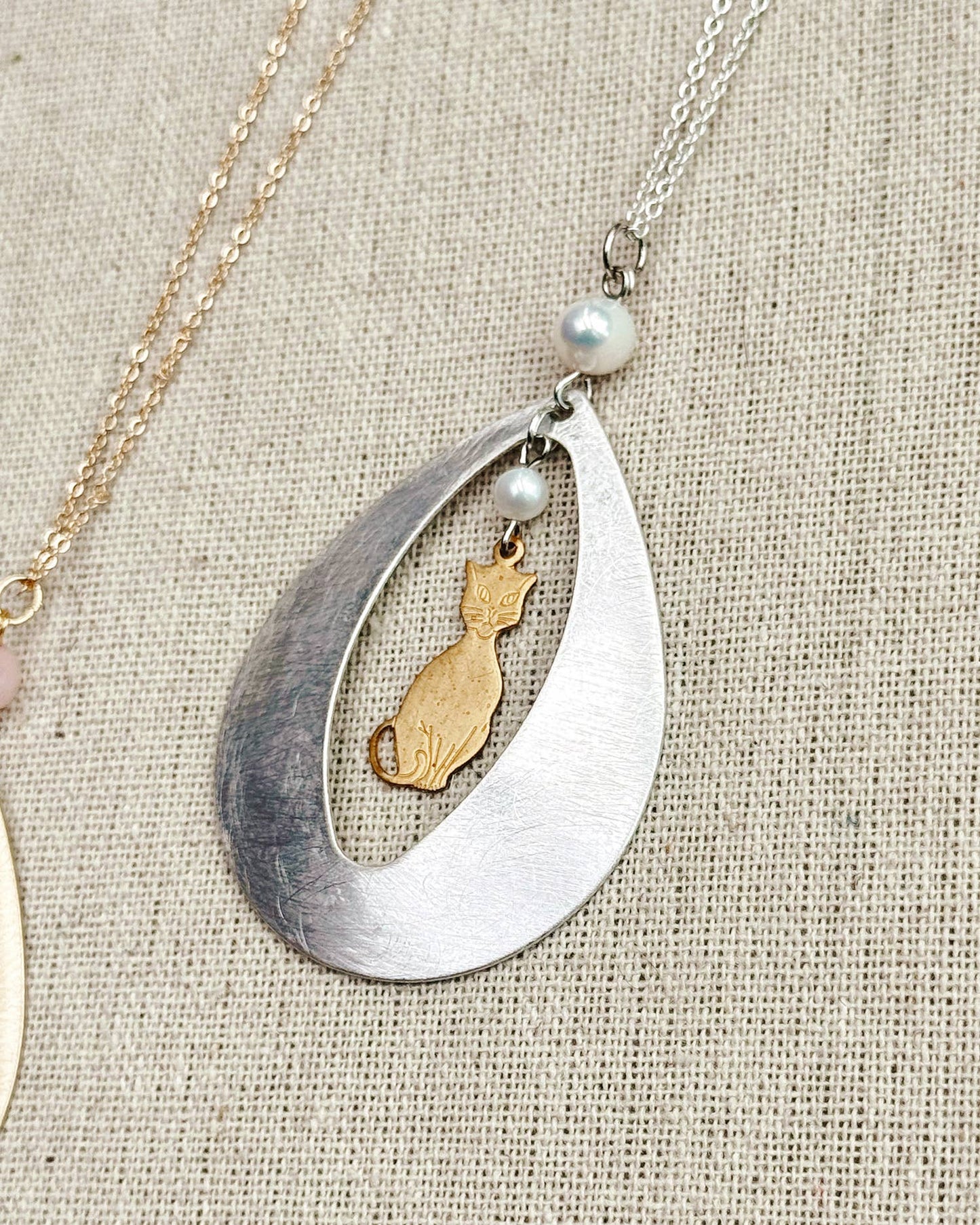 Mixed Metal Cat Teardrop Necklace