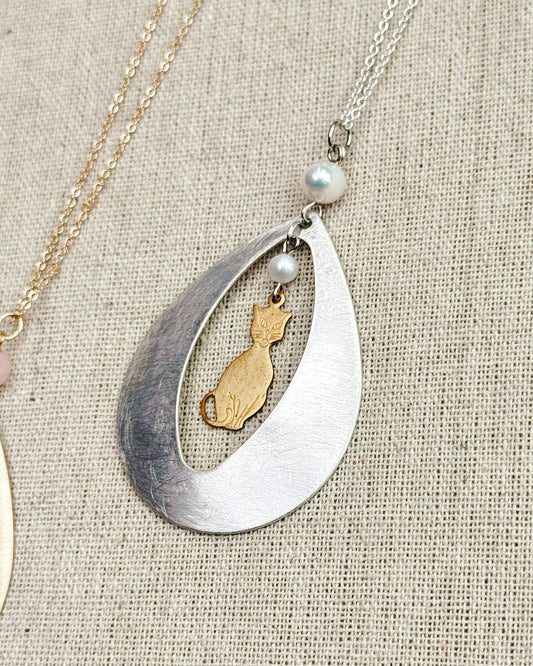 Mixed Metal Cat Teardrop Necklace