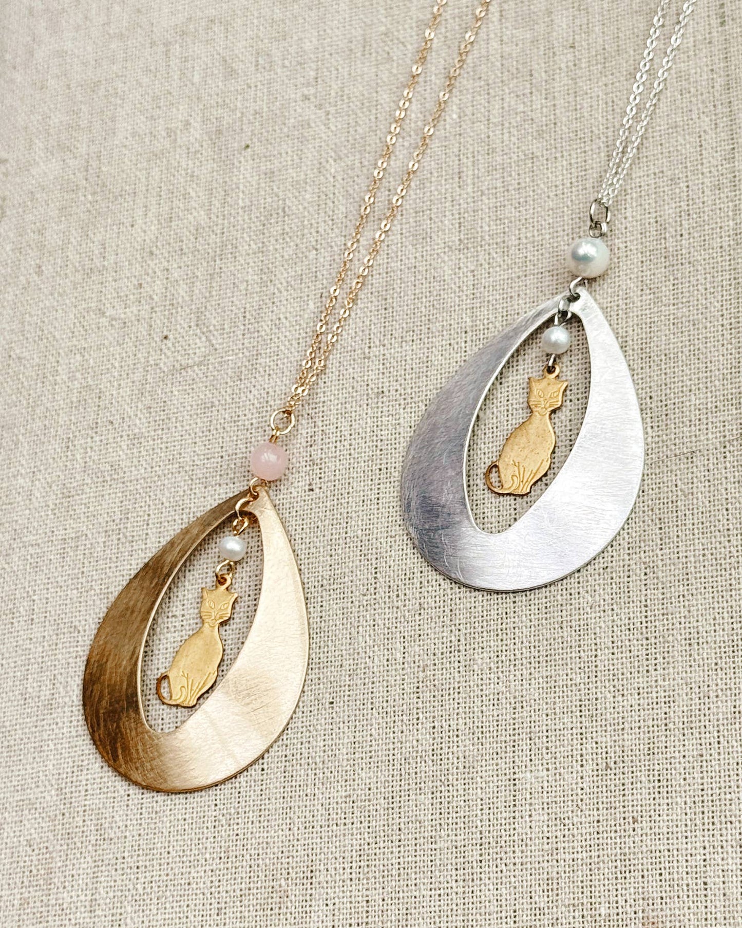 Mixed Metal Cat Teardrop Necklace