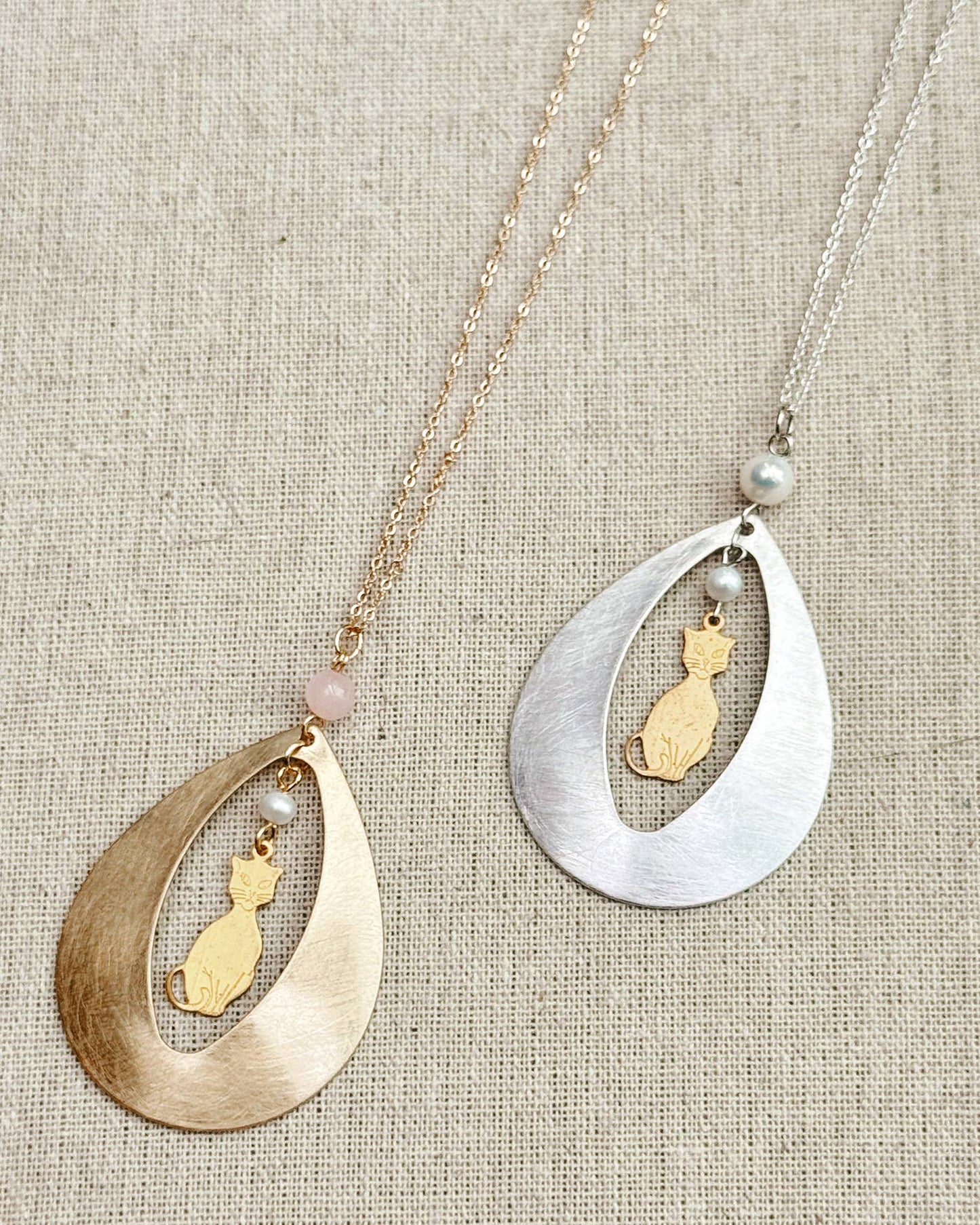 Mixed Metal Cat Teardrop Necklace
