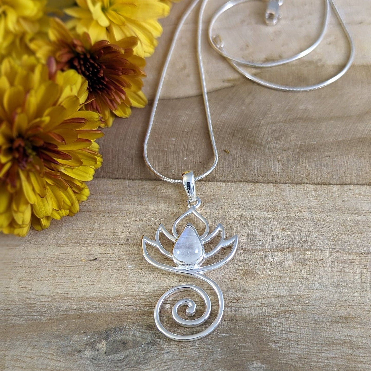 Strength in Bloom, Lotus & Moonstone Necklace in Sterling Silver