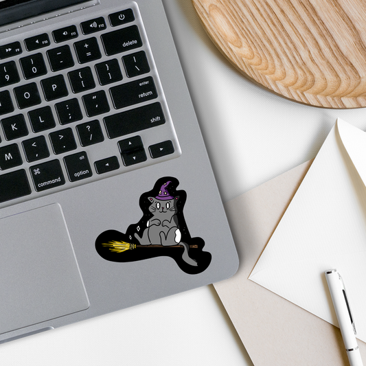 Witch Cat on Broom | Waterproof Sticker | 3"