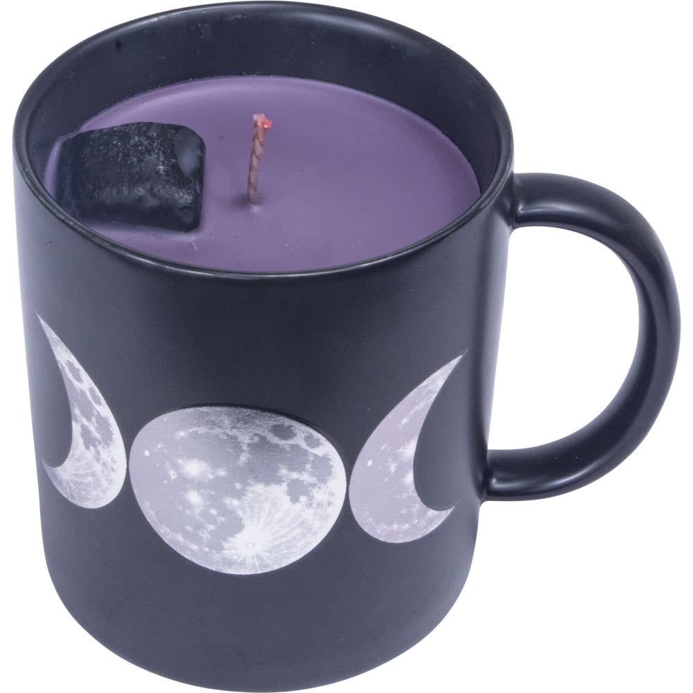 Moon Phases Ceramic Candle Mug with Incense Holder and Black Tourmaline 5.5"