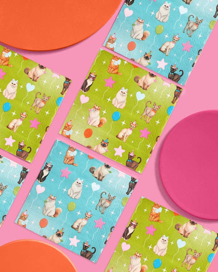 Cat Napkins 24 Pack | Birthday, Cat Party, Teal, Green