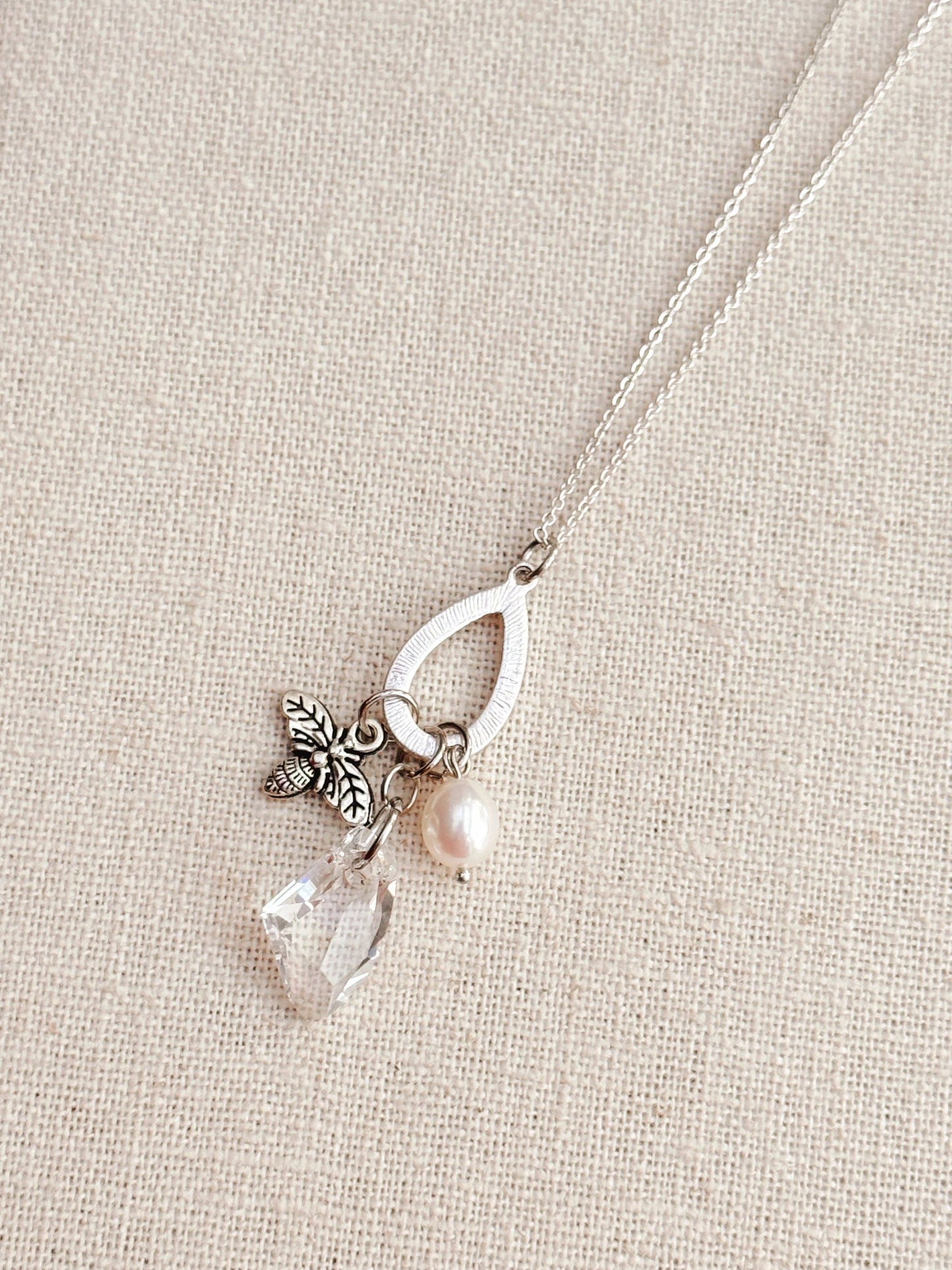 Silver Bee Charm Necklace with Pearl & Swarovski Crystal