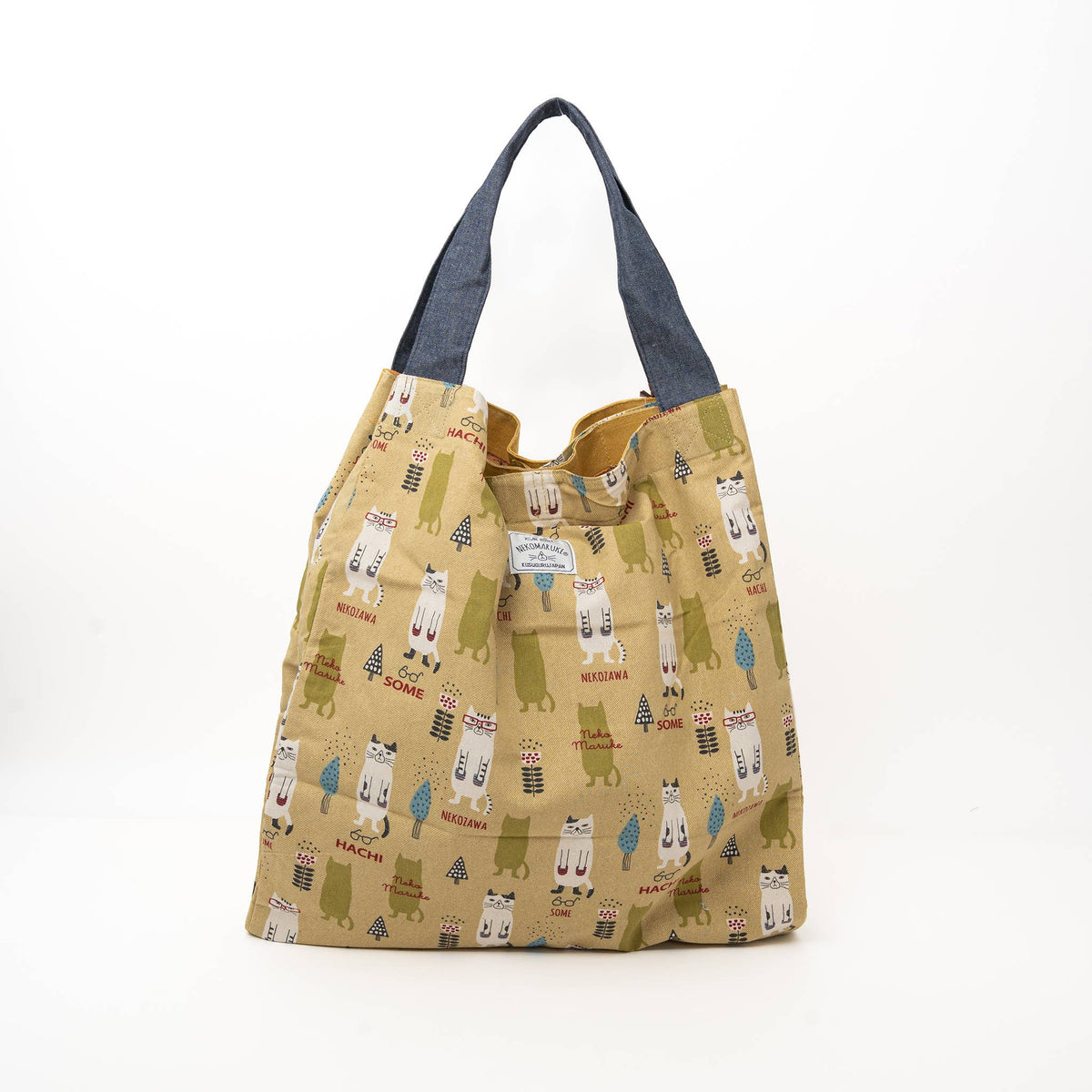 Kusuguru Japan Three Cats Embroidered Large Tote Bag - Yellow
