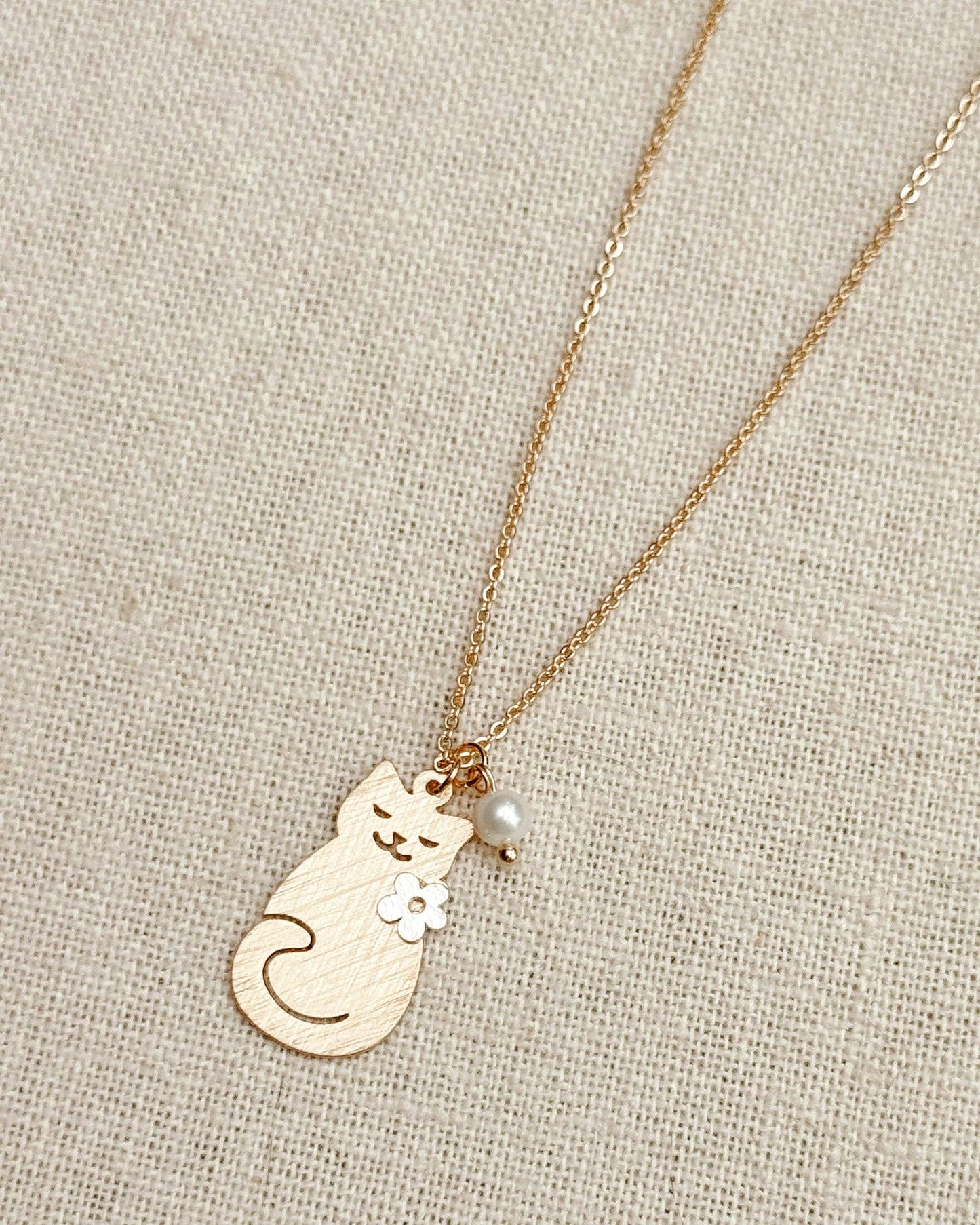 Gold Cat Charm Necklace with Pearl Accent