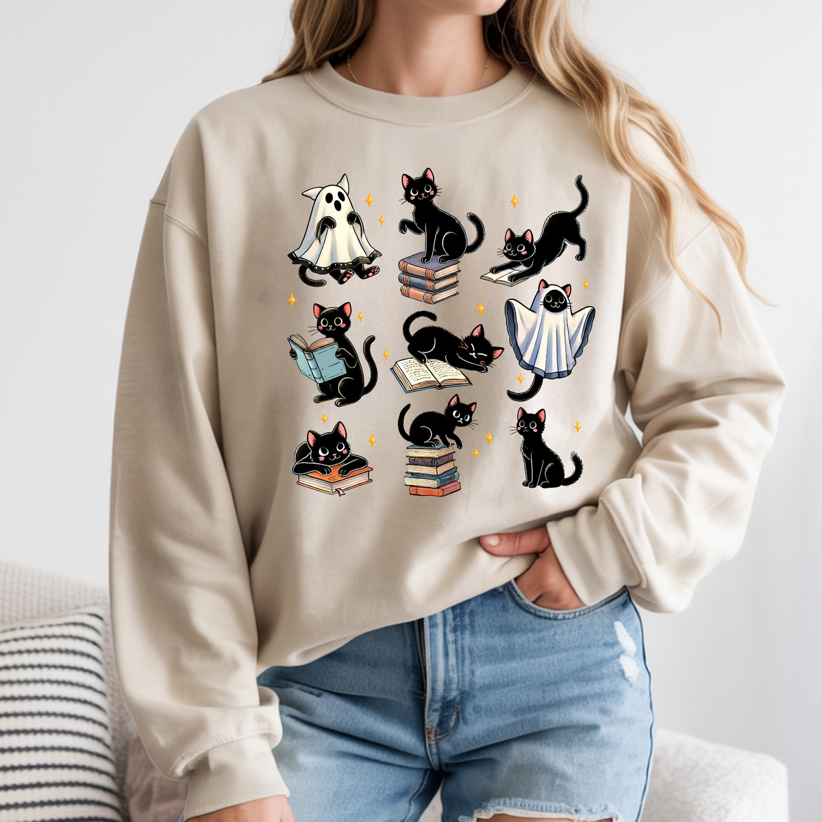 Cute Black Cats & Ghosts Halloween Sweatshirt