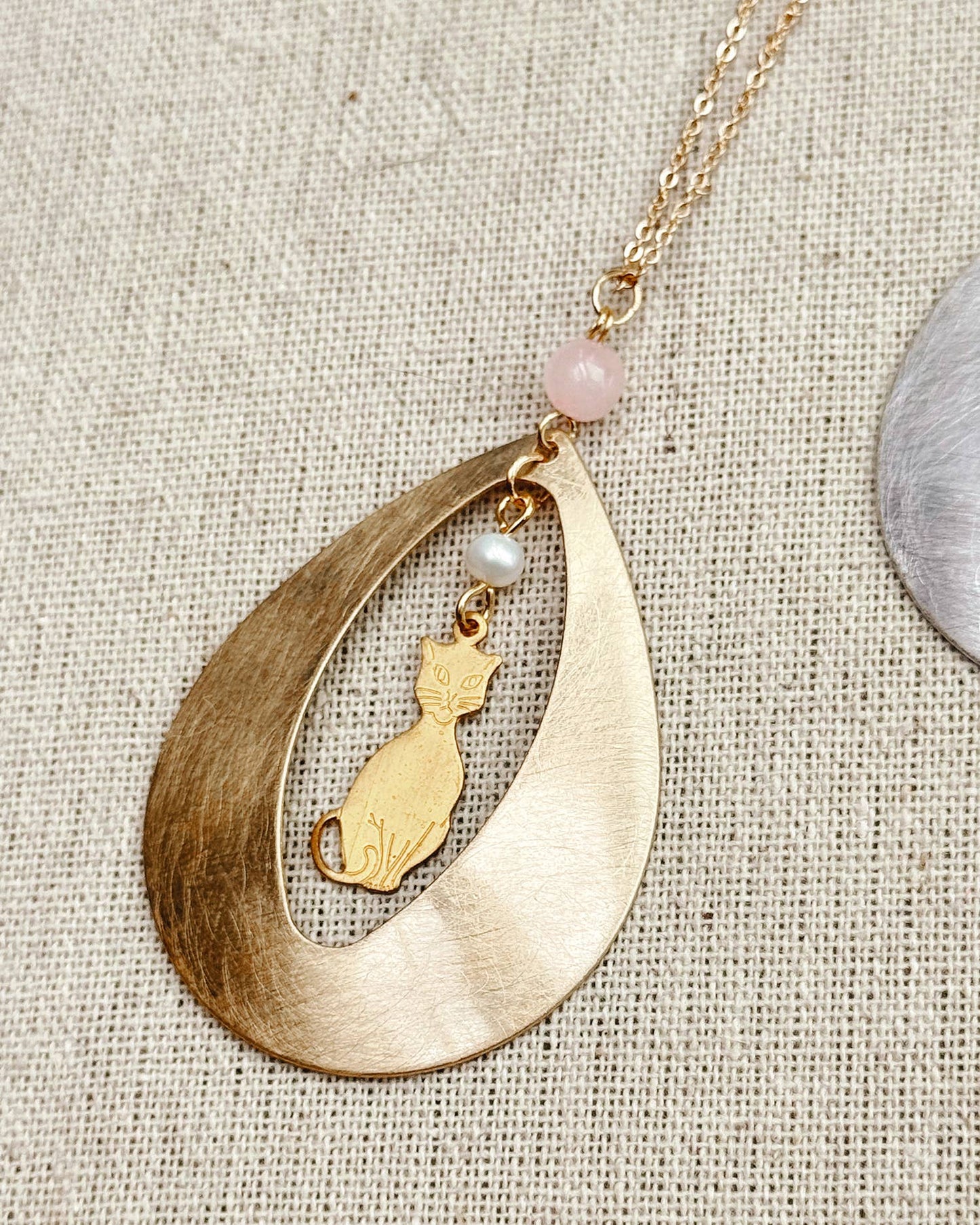 Mixed Metal Cat Teardrop Necklace