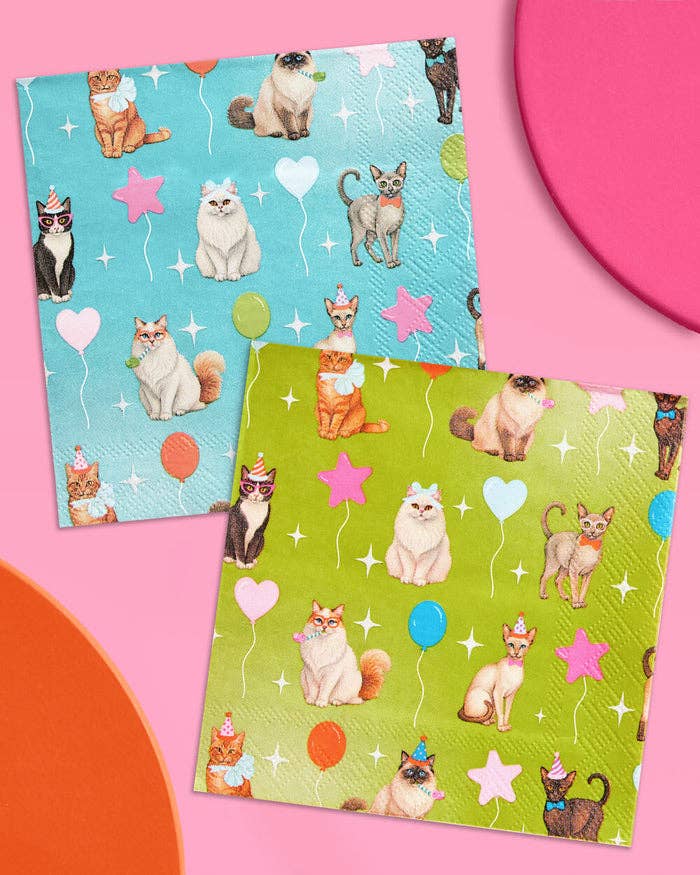 Cat Napkins 24 Pack | Birthday, Cat Party, Teal, Green