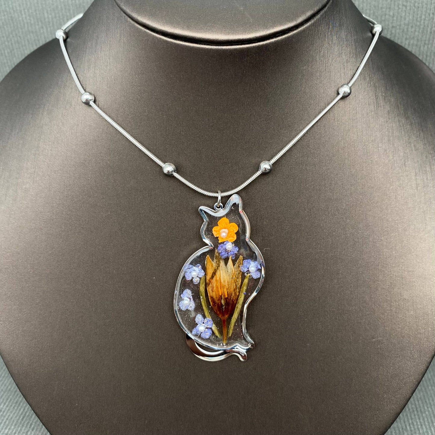Dried Floral Cat Charm Necklace