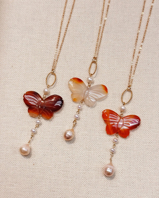 Carnelian Butterfly Charm Necklace with Freshwater Pearl