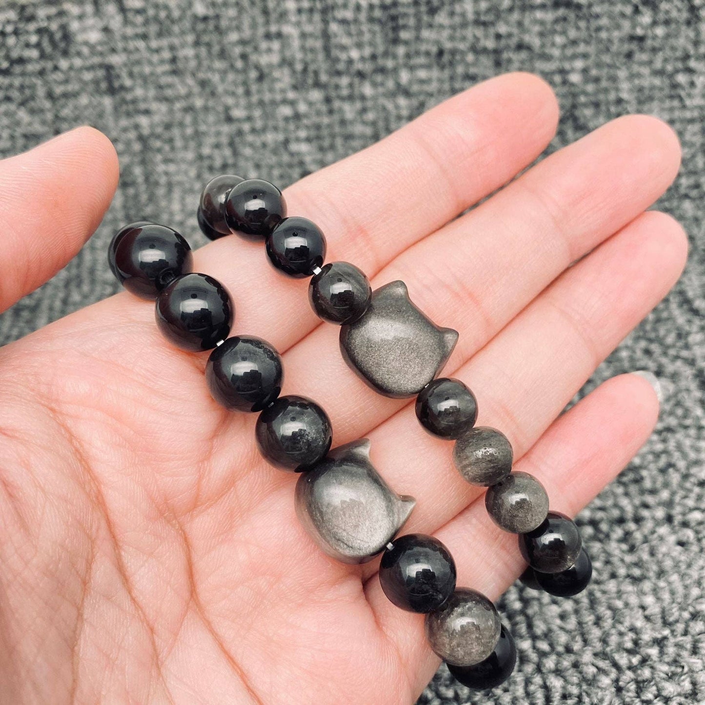 Silver Obsidian Beaded Cat Charm Bracelet