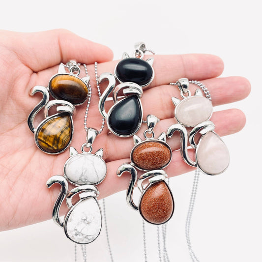 Natural Stone Cat Pendant Necklace