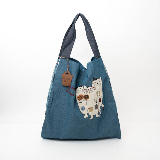 Kusuguru Japan Three Cats Embroidered Large Tote Bag in Blue
