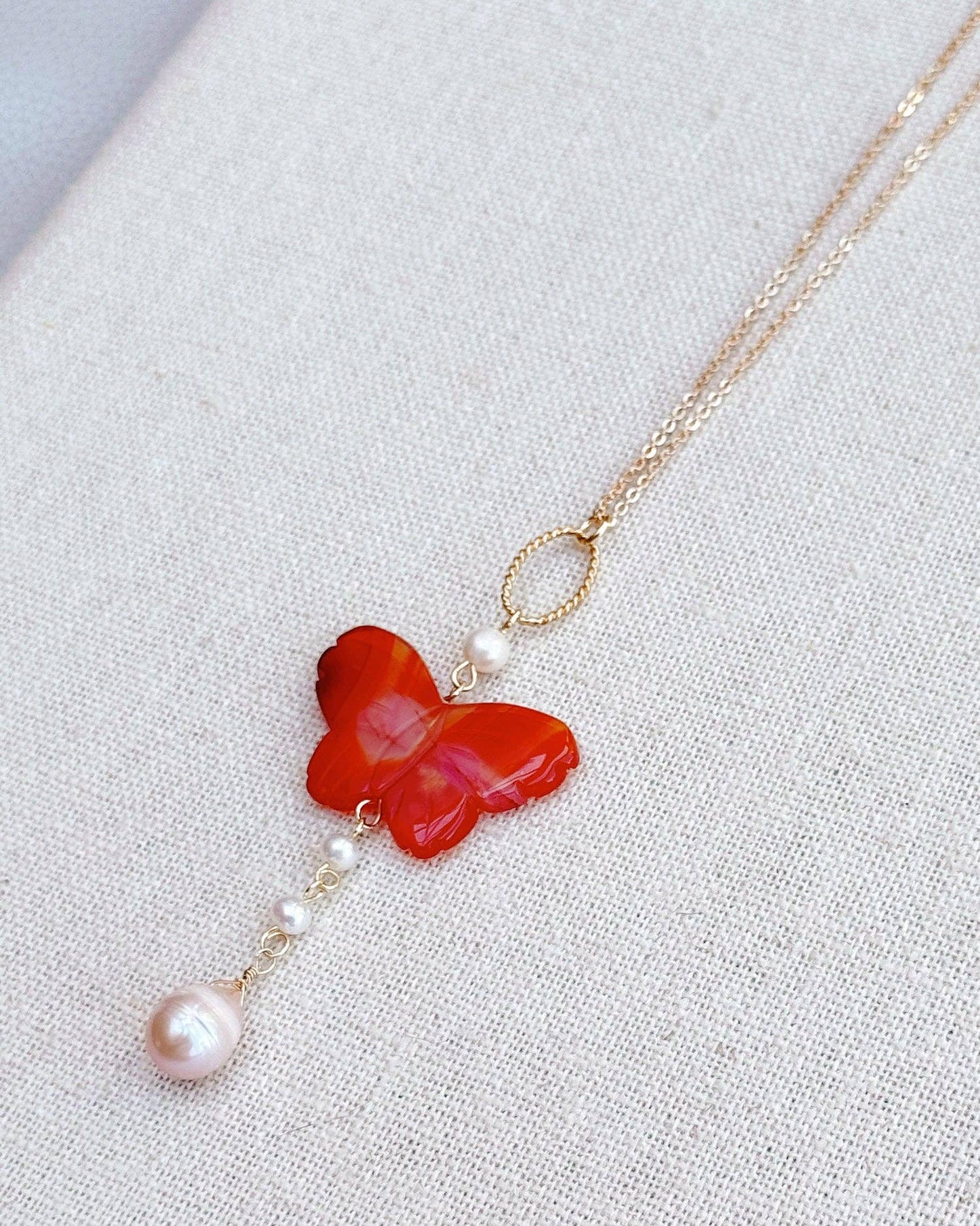 Carnelian Butterfly Charm Necklace with Freshwater Pearl