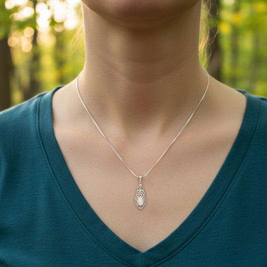 Moonlit Paths: Rainbow Moonstone Knot Pendant in Sterling Silver