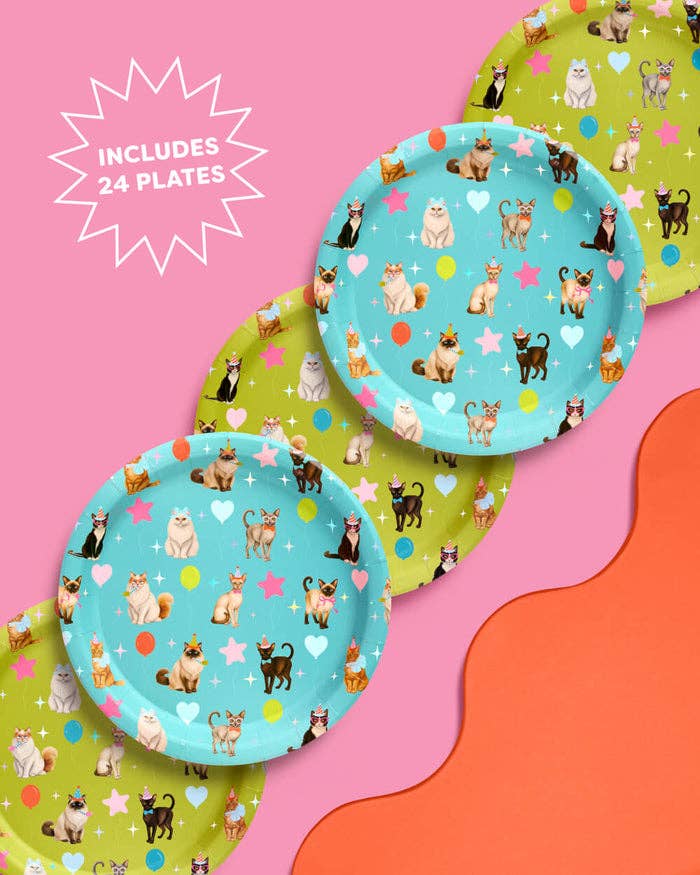 Cat Plates | Cat Birthday, Kitten Party, Colorful, 24 pcs 9"