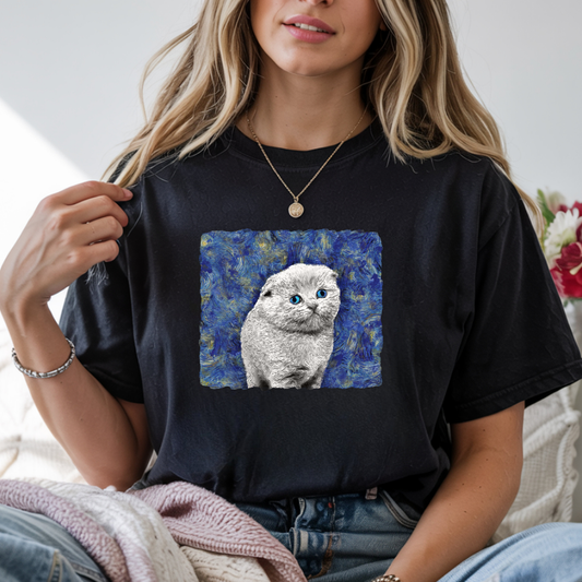 Blue Impressionist Cat Art T-Shirt