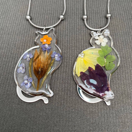 Dried Floral Cat Charm Necklace