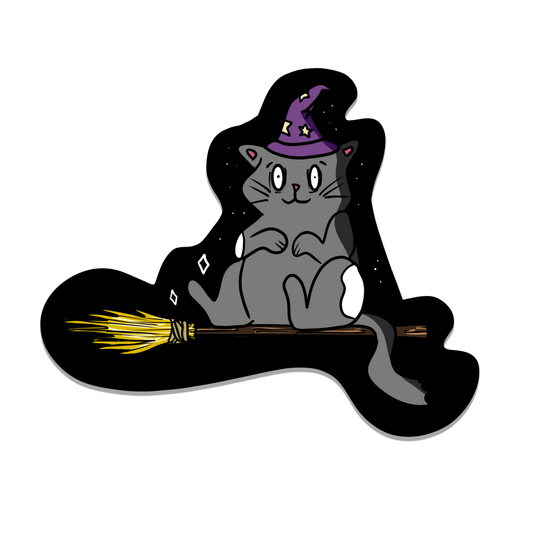 Witch Cat on Broom | Waterproof Sticker | 3"