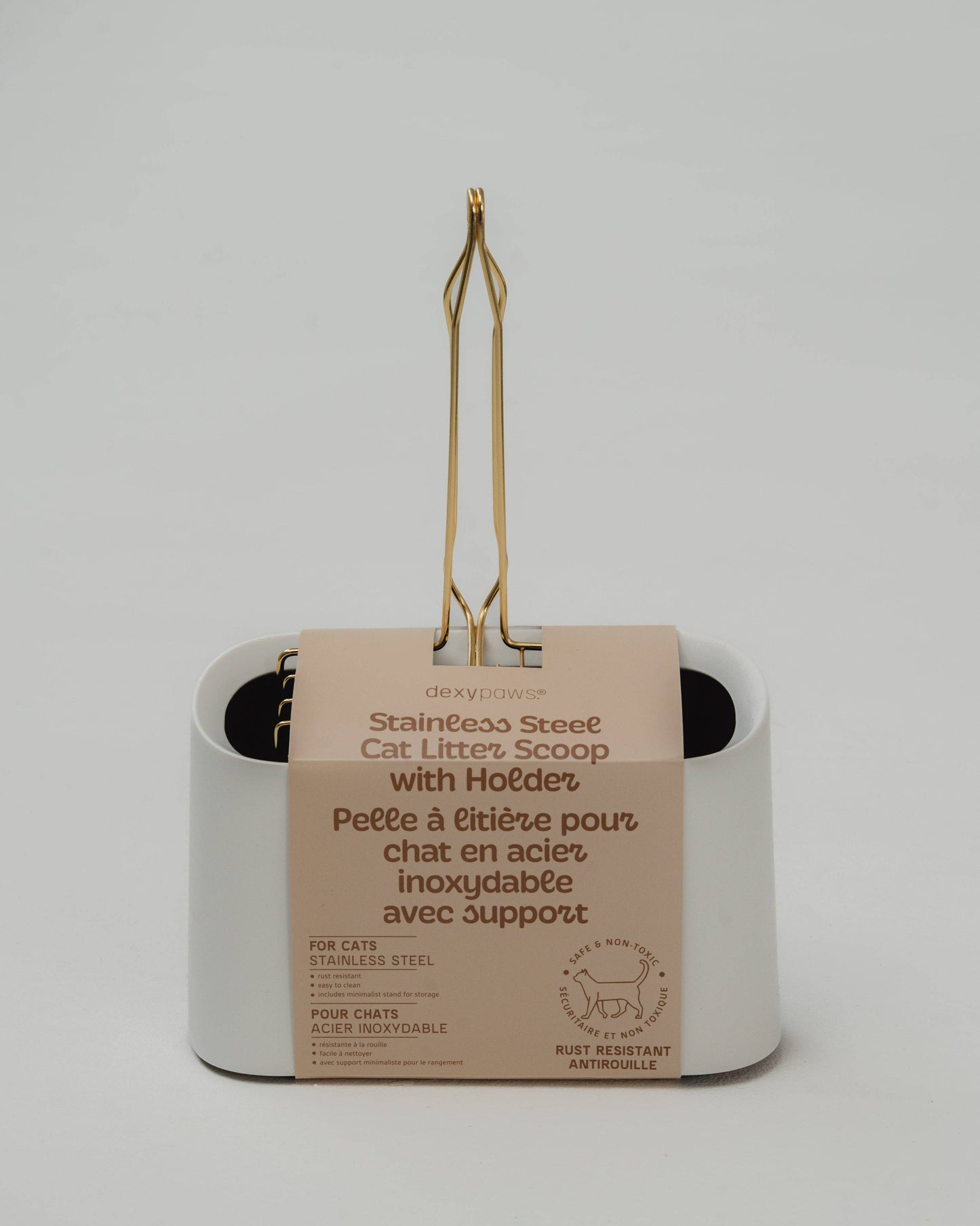 Stainless Steel Cat Litter Scooper with Plastic Stand - Gold