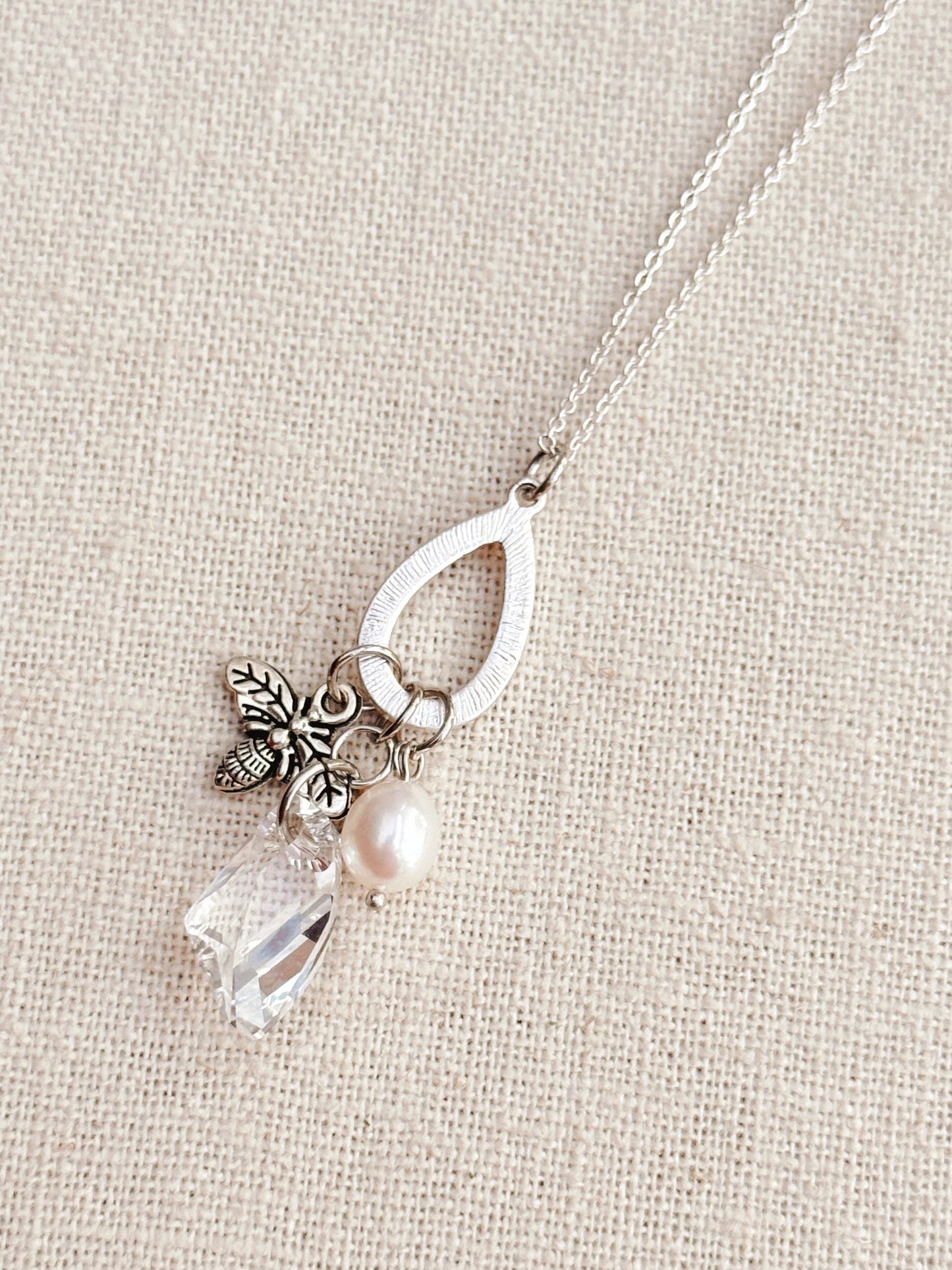 Silver Bee Charm Necklace with Pearl & Swarovski Crystal
