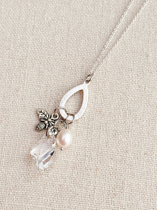 Silver Bee Charm Necklace with Pearl & Swarovski Crystal