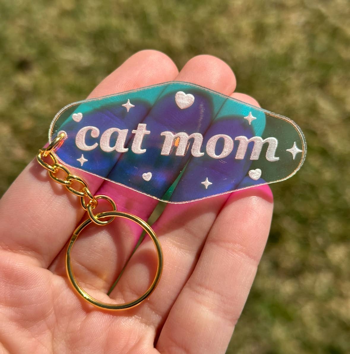 Cat Mom or Cat Dad Iridescent Keychain