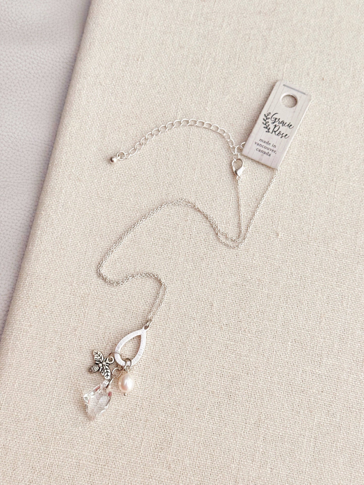 Silver Bee Charm Necklace with Pearl & Swarovski Crystal