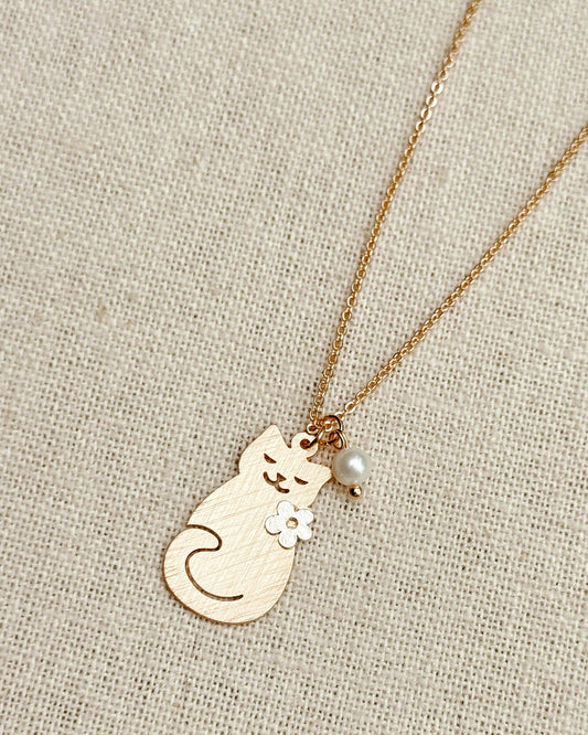 Gold Cat Charm Necklace with Pearl Accent